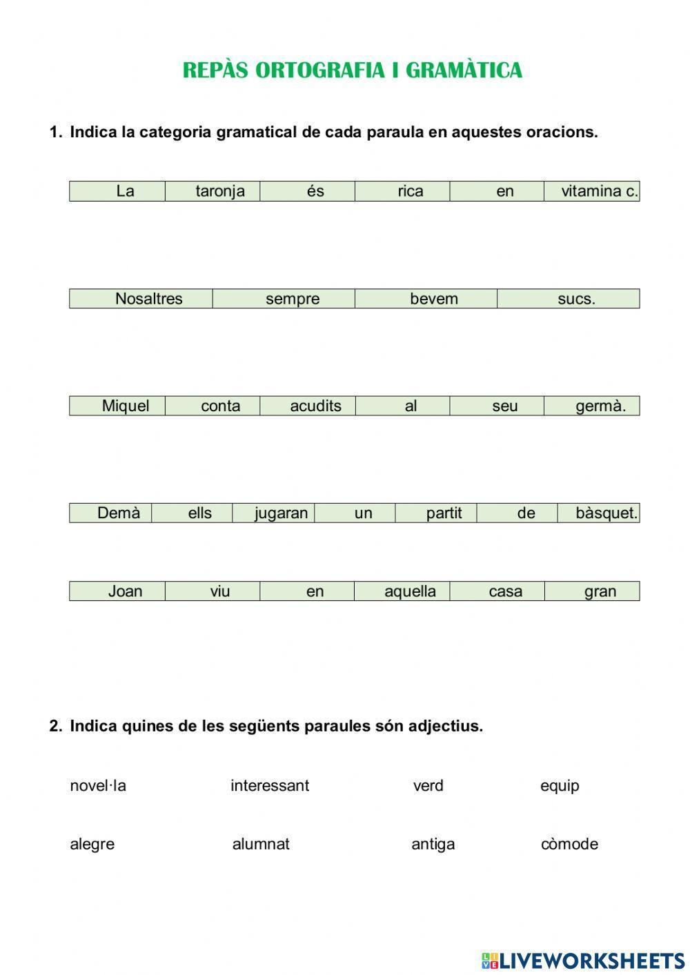 Categories gramaticals, l'apòstrof i subjecte i predicat