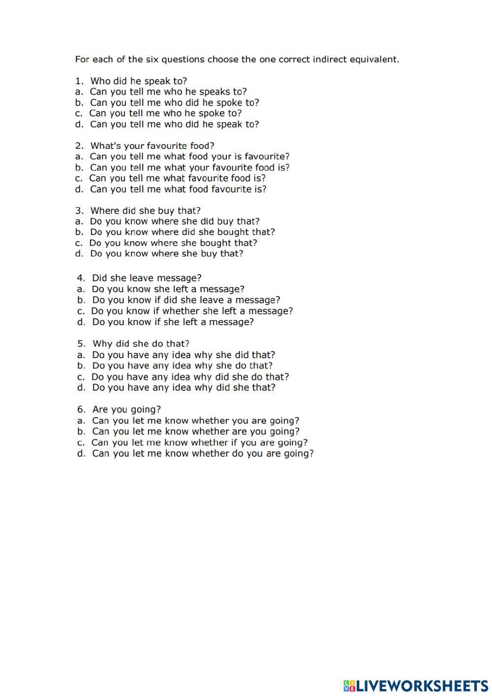 Test indirect questions