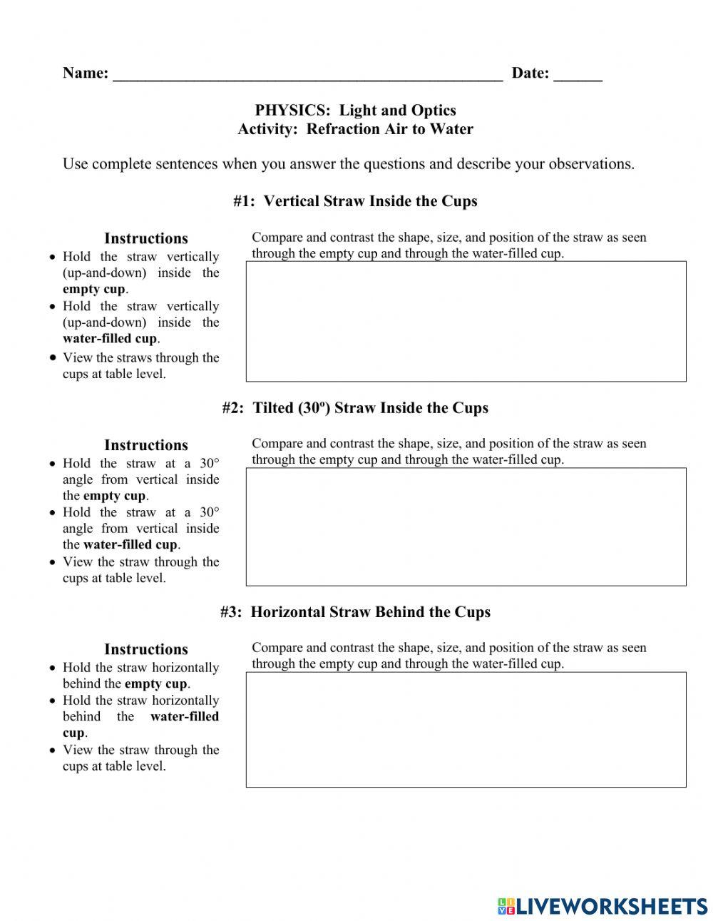 Refraction Through Water Report Sheet