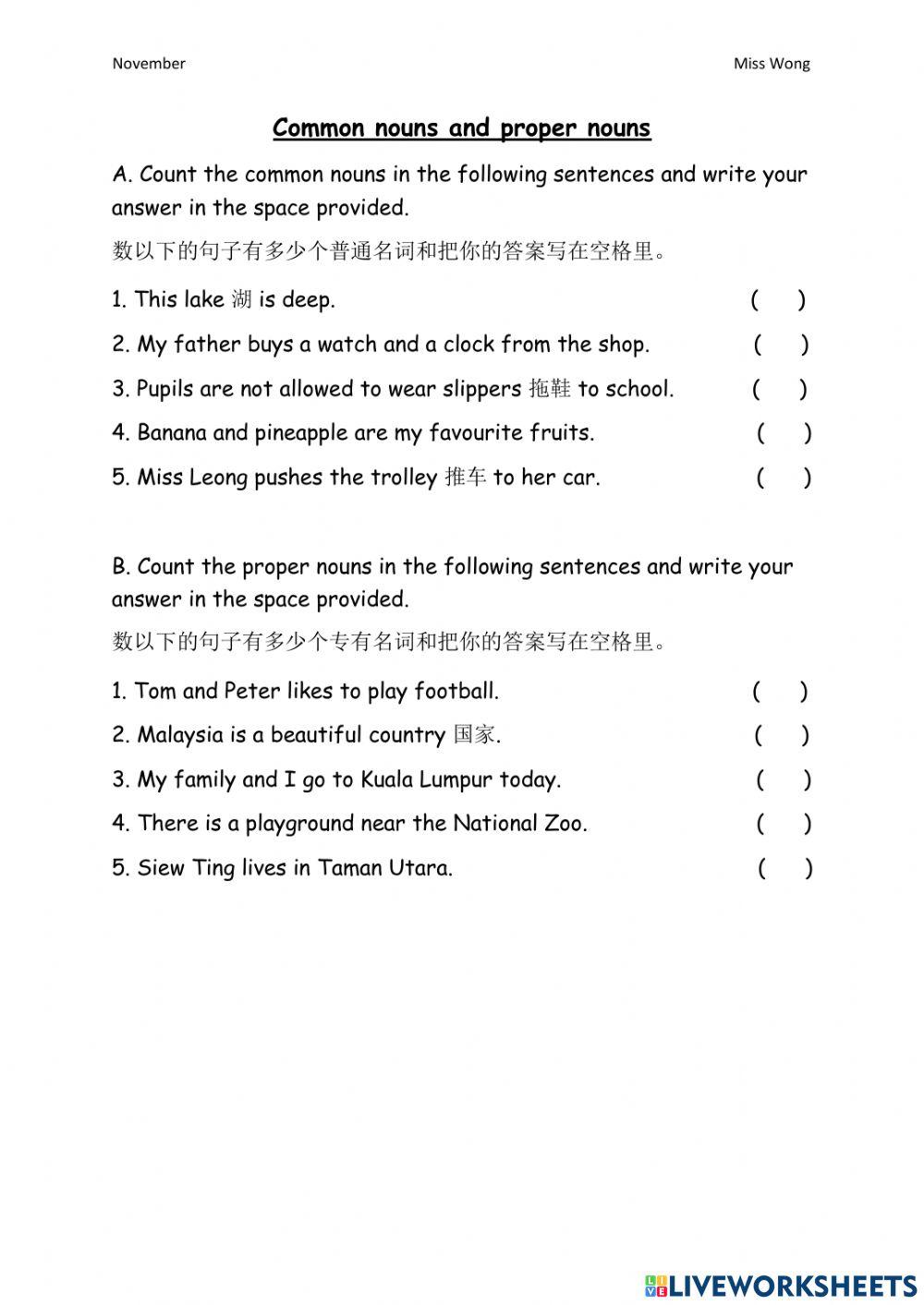 Common and proper nouns exercises