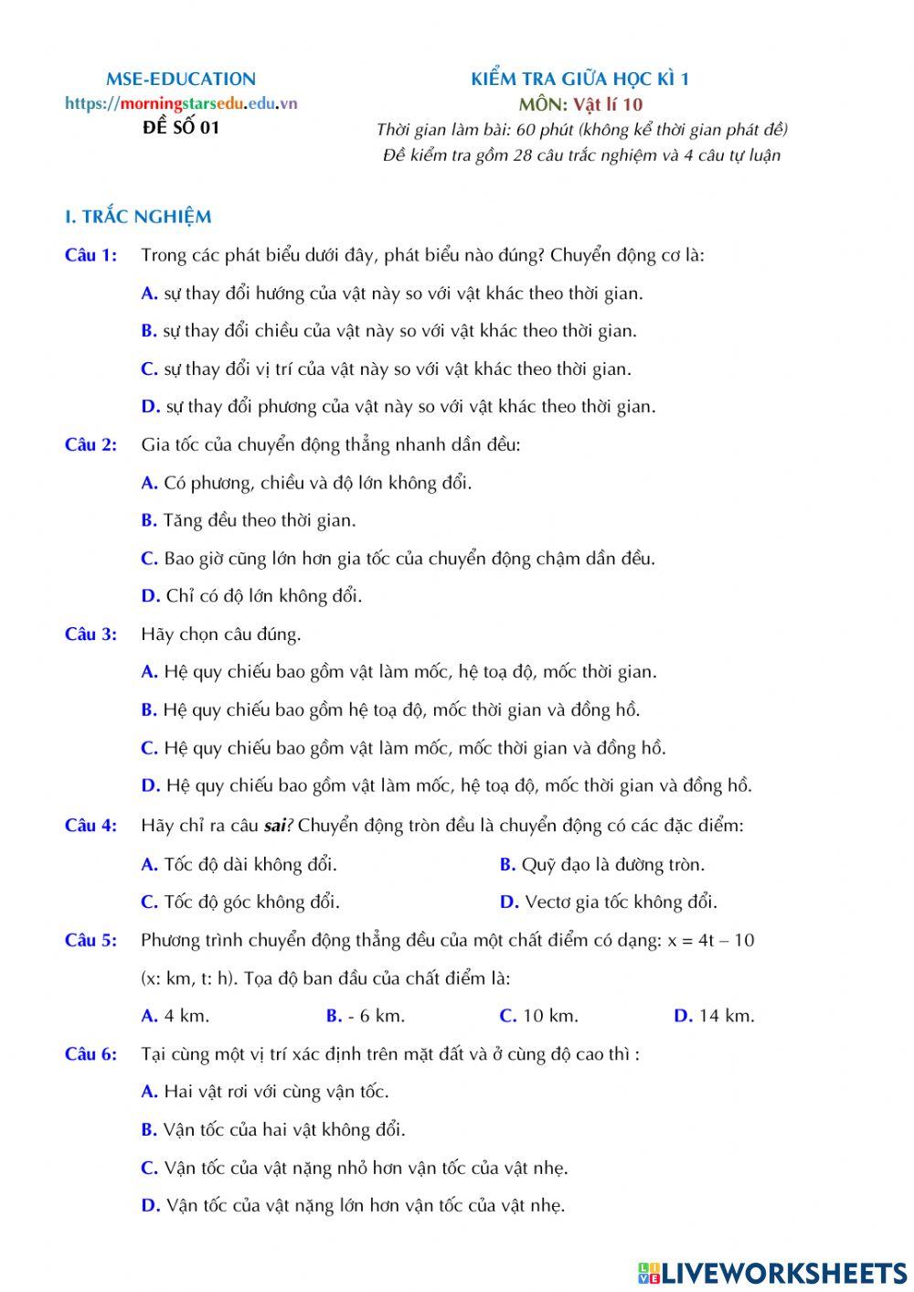 Vật lí 10 - Kiểm tra Giữa kì 1 - Đề số 01