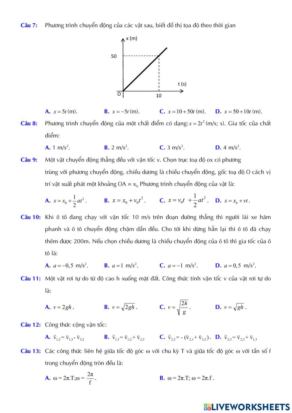 Vật lí 10 - Kiểm tra Giữa kì 1 - Đề số 01