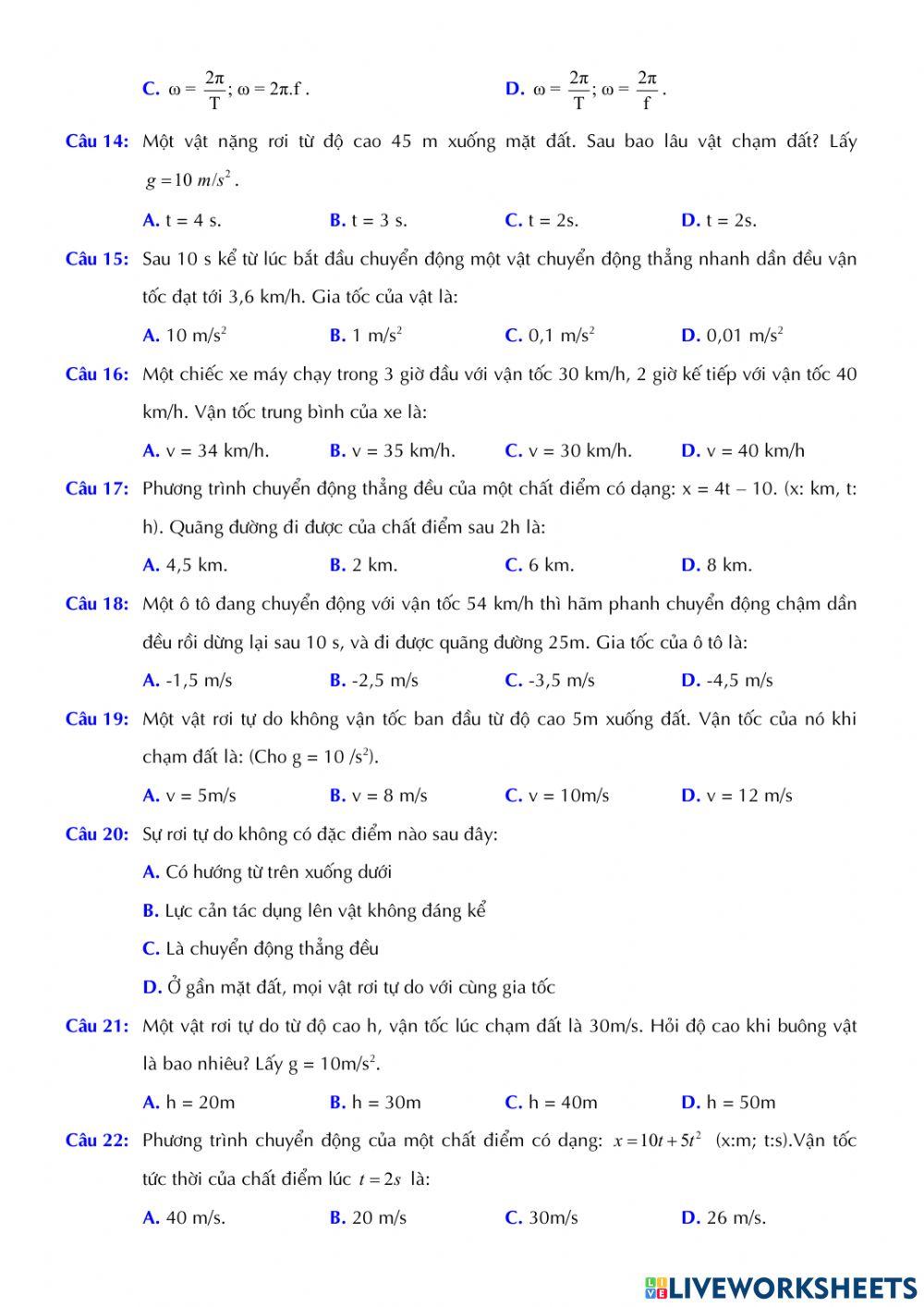 Vật lí 10 - Kiểm tra Giữa kì 1 - Đề số 01