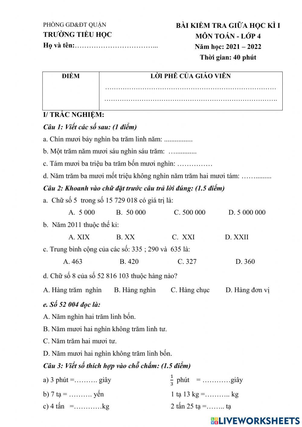 Đề thi thử Toán 4 số 2