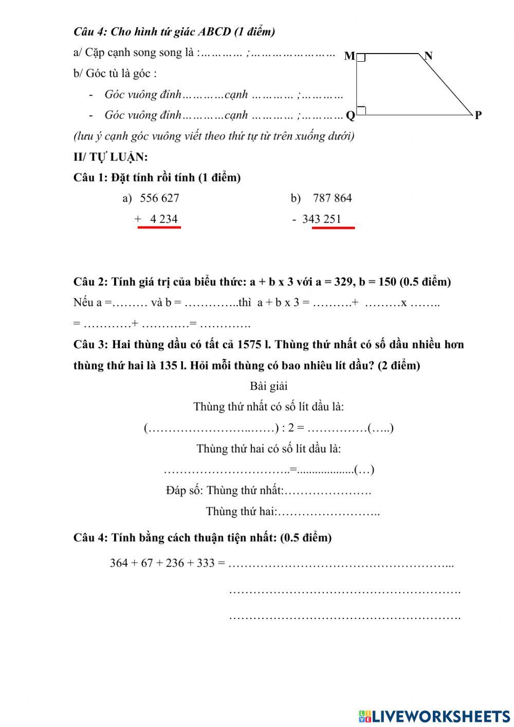Đề thi thử Toán 4 số 2