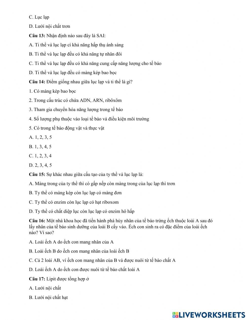 Ôn tâp bài tế bào nhân thực