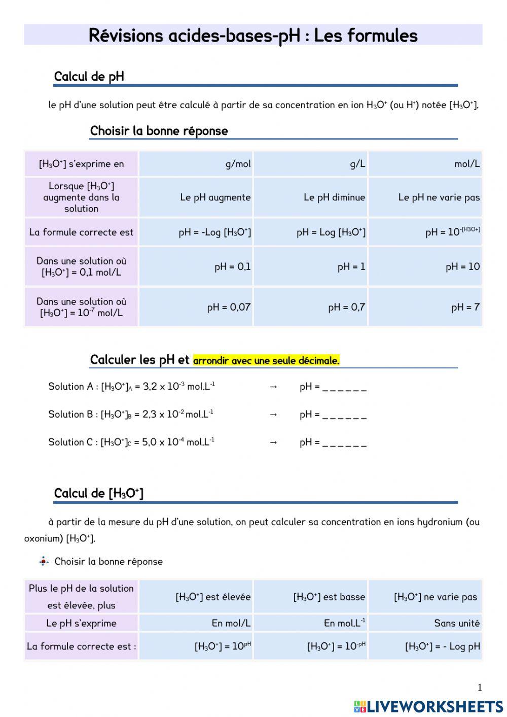 Révisions acides-bases-pH : Les formules Révisions acides-bases-pH : Les formules
