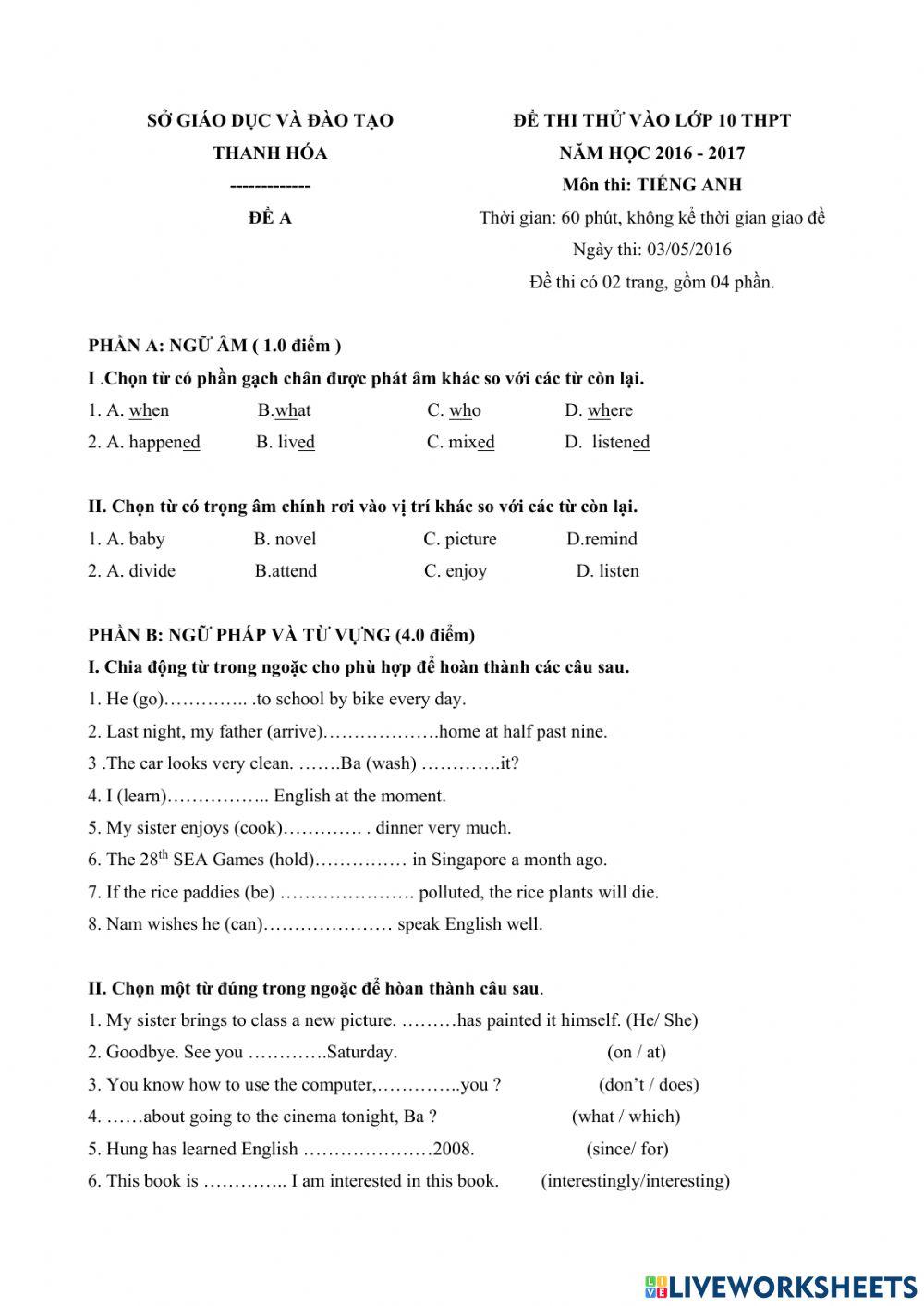 Đề thi Tiếng Anh vào 10 (Thanh Hóa) 2016-2017