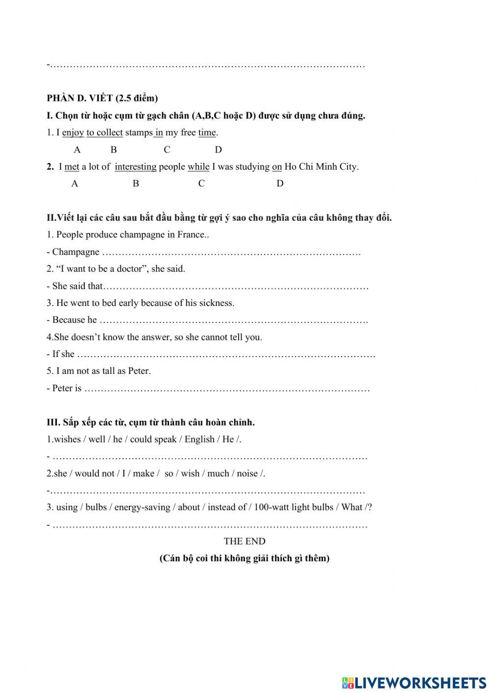 Đề thi Tiếng Anh vào 10 (Thanh Hóa) 2016-2017