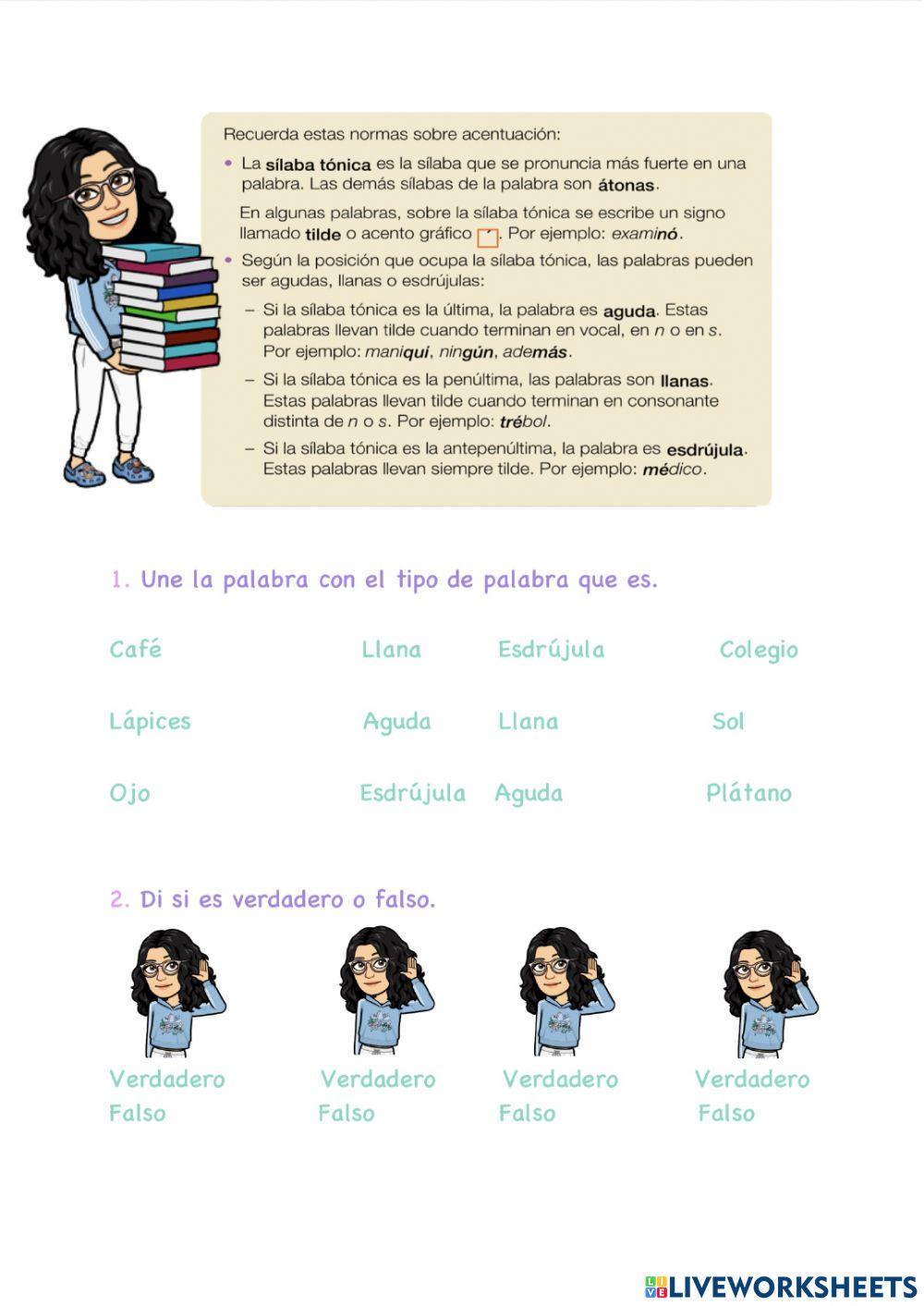 Las palabras agudas, llanas y esdrújulas.