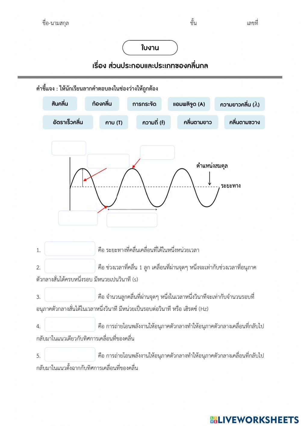ม.6 - ใบงาน เรื่อง ส่วนประกอบและประเภทของคลื่นกล