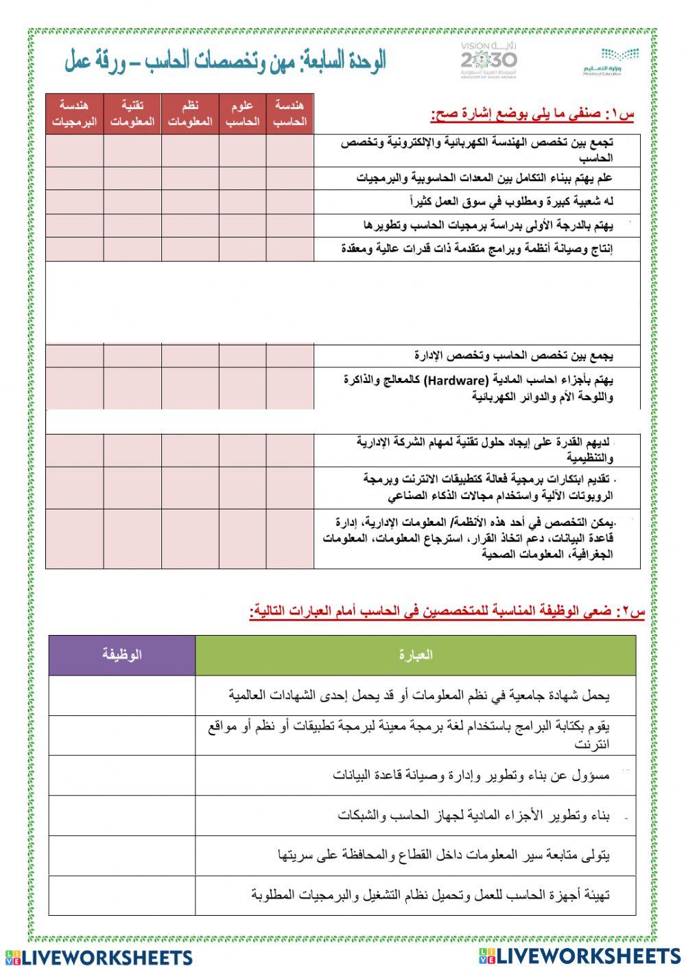 ورقة عمل الوحدة السابعه