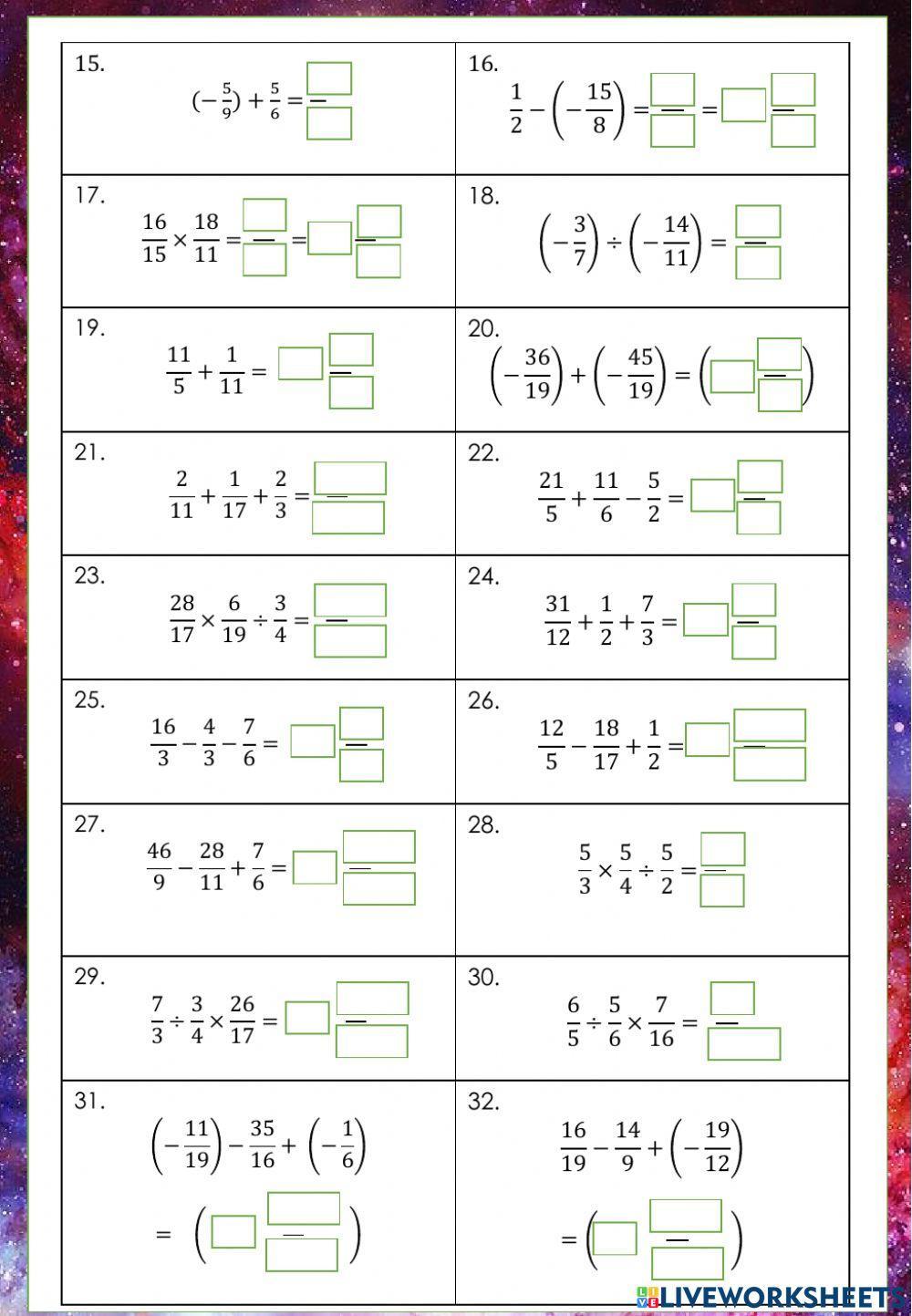 Combined basic arithmetic operations of positive and negative fractions