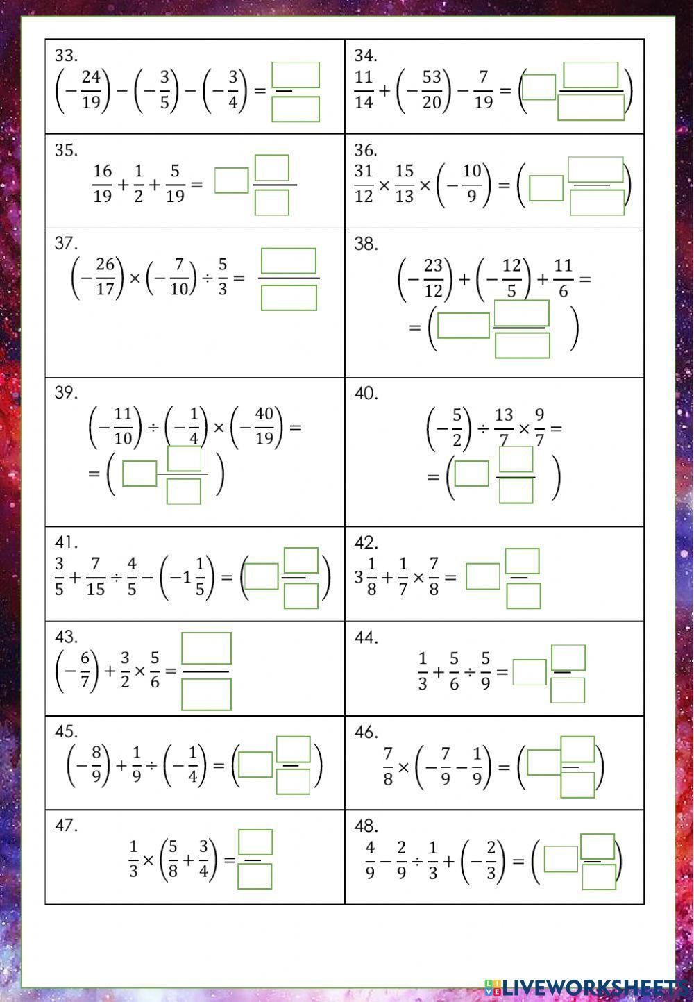 Combined basic arithmetic operations of positive and negative fractions