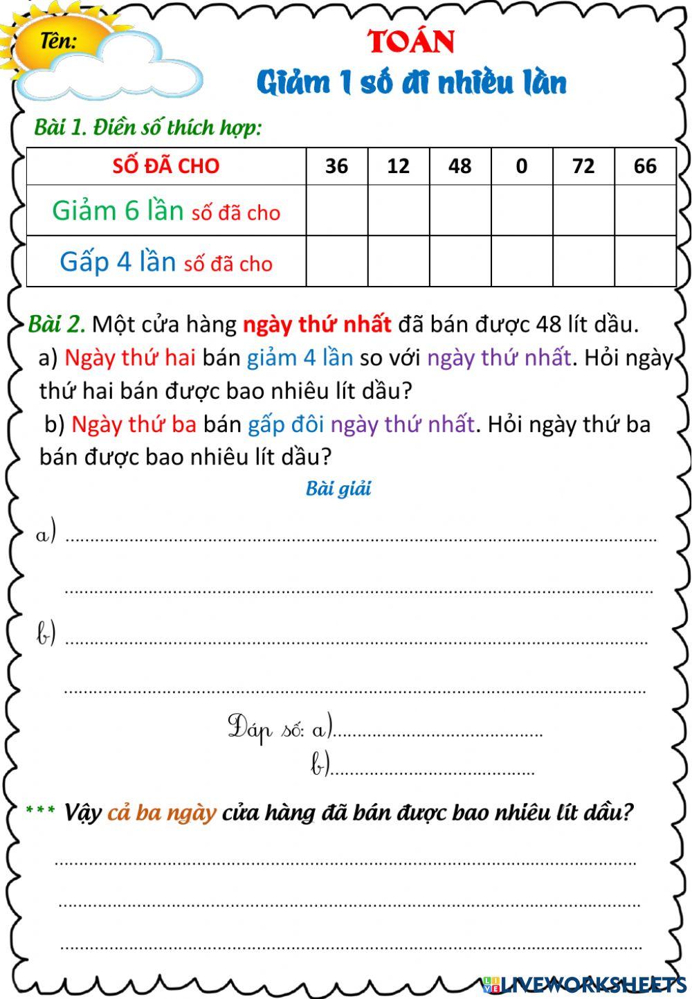 Toán Giảm đi 1 số lần