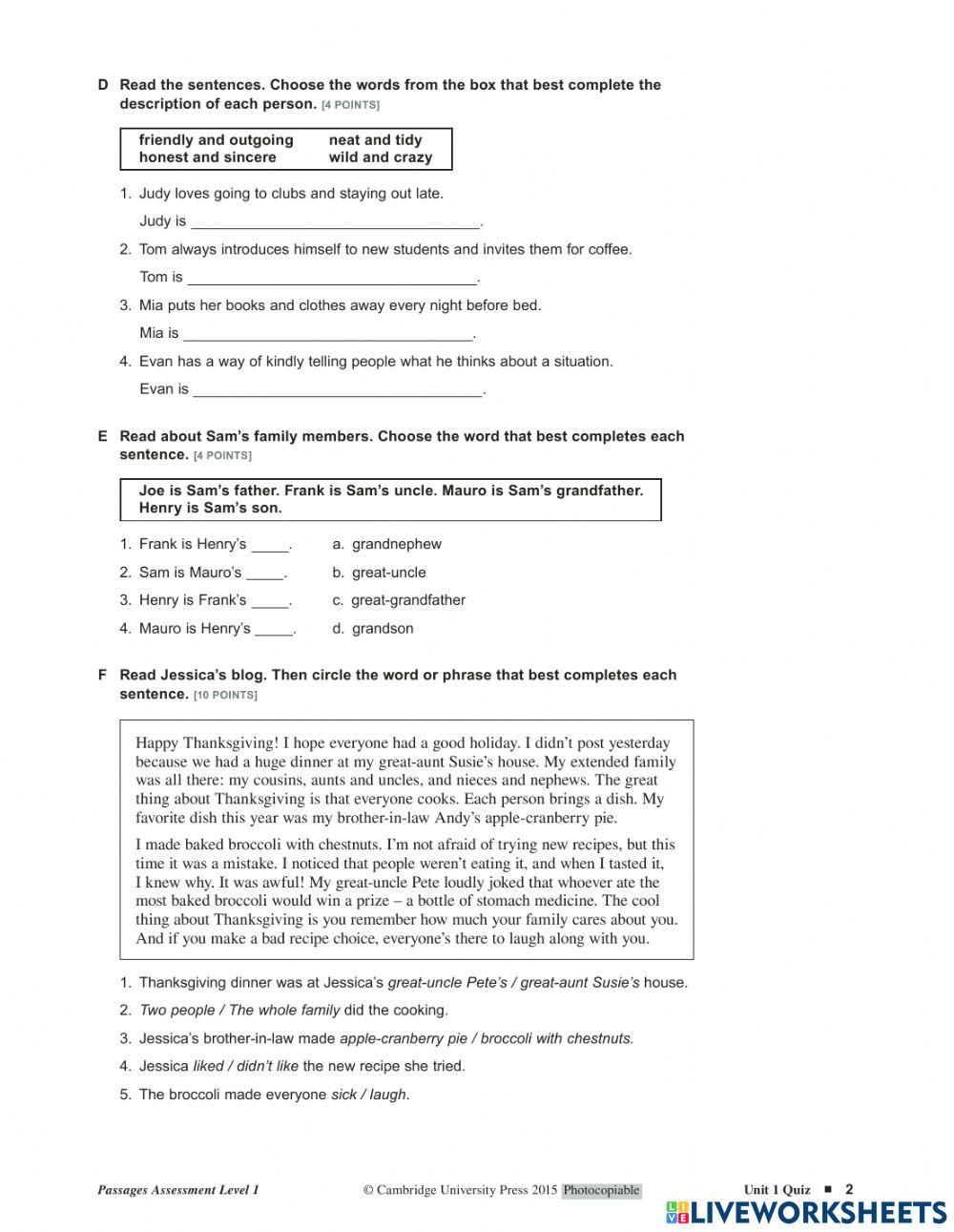 PASSAGES - QUIZ UNIT 1