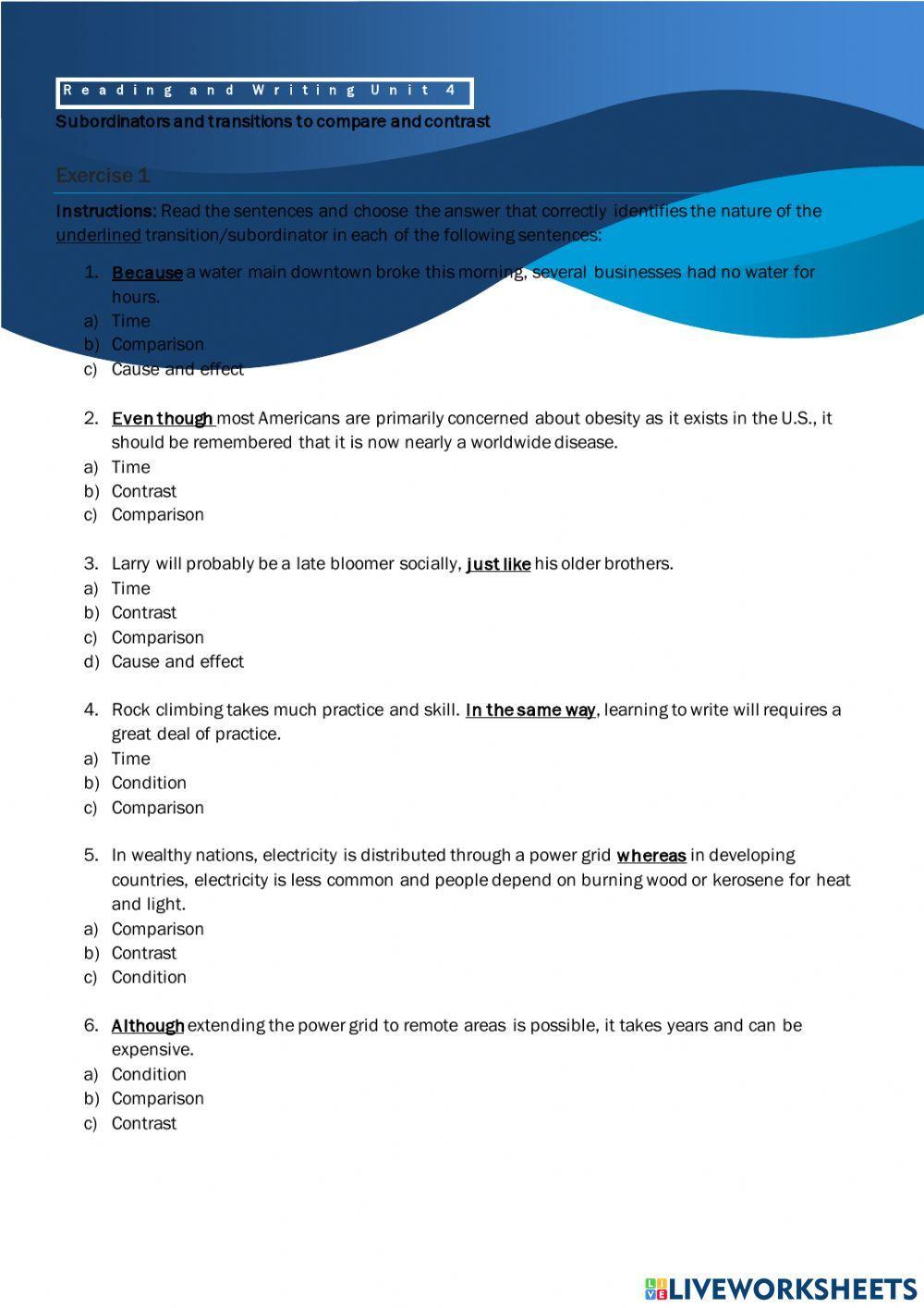 Subordinators and transitions to compare and contrast