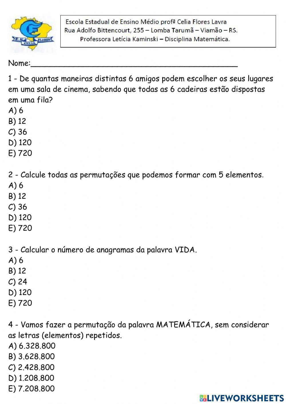 Analise combinatória- Permutação Analise combinatória- Permutação