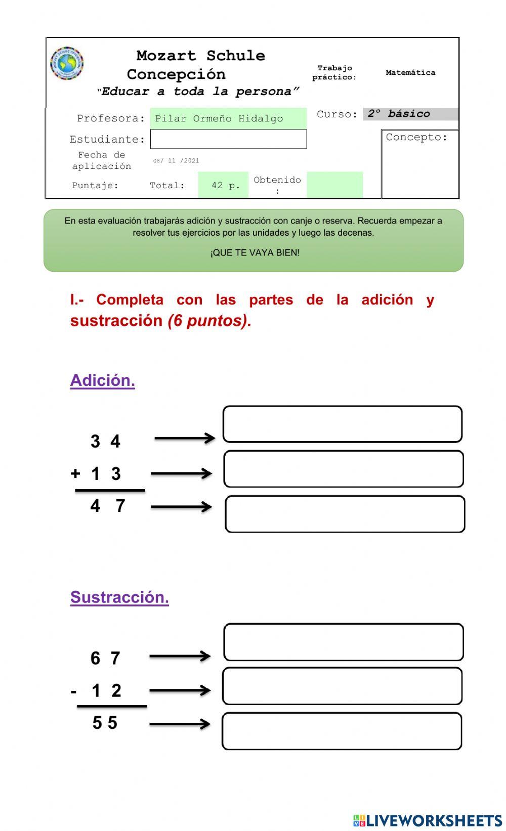 Evaluación adición y sustracción con canje o reserva.