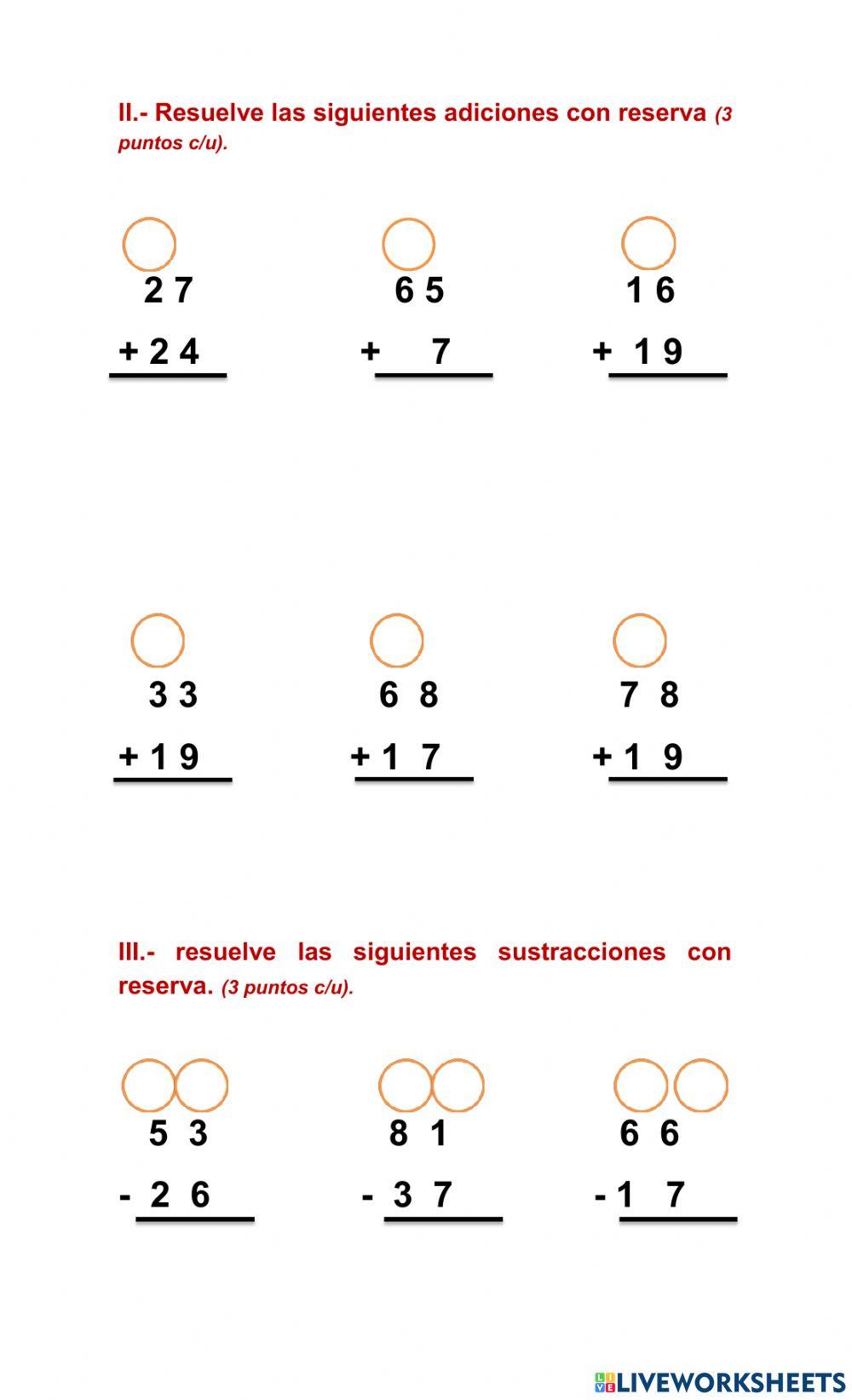 Evaluación adición y sustracción con canje o reserva.