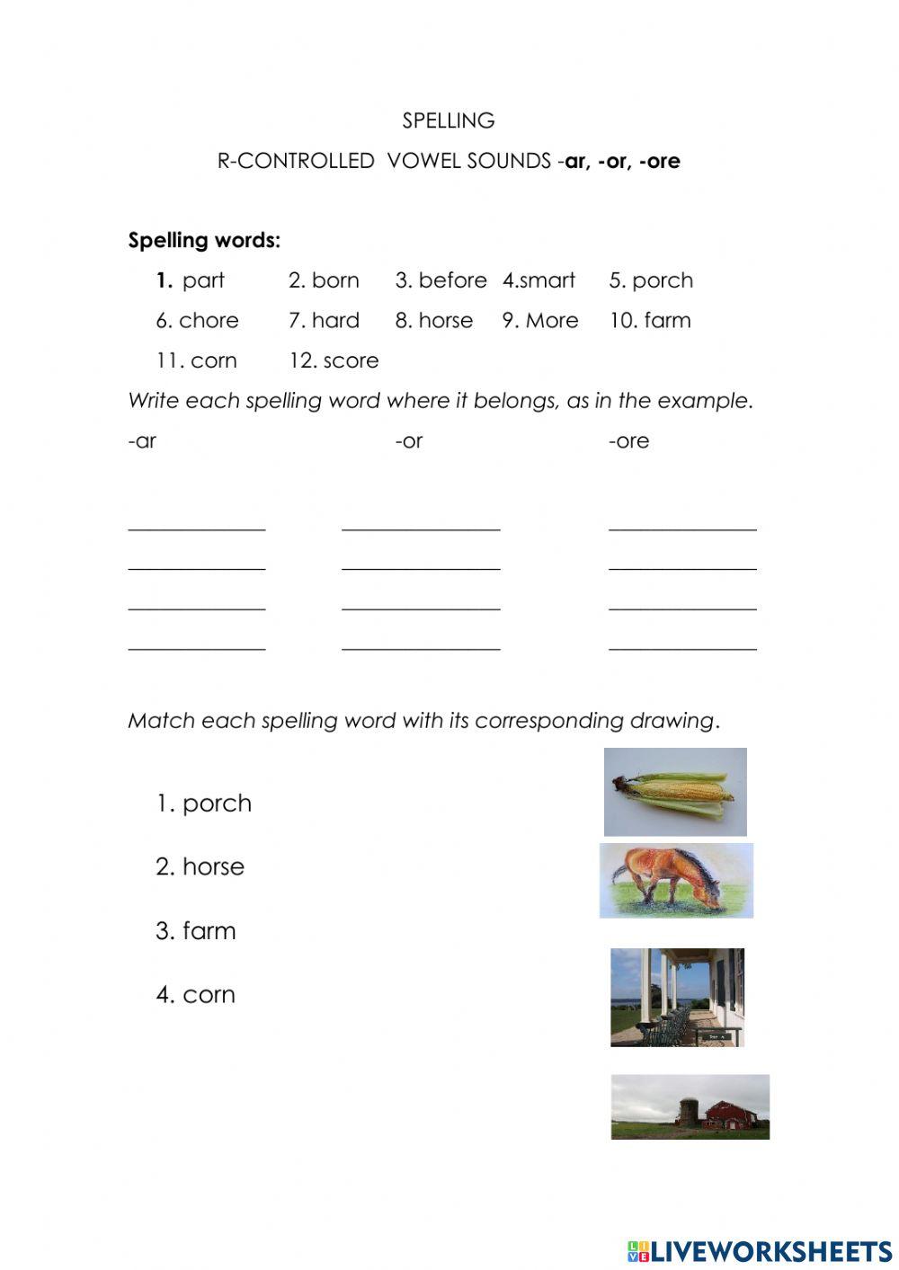 SPELLING - R-CONTROLLED VOWEL SOUNDS -AR, -OR, -ORE online exercise for ...