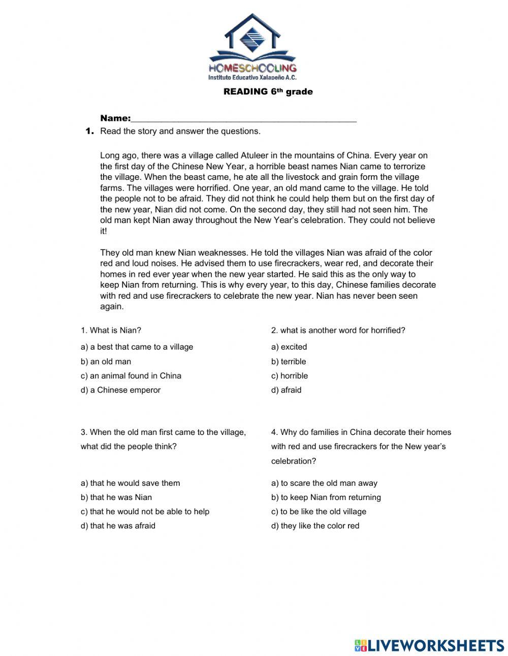 Reading Exam 6th grade worksheet | Live Worksheets