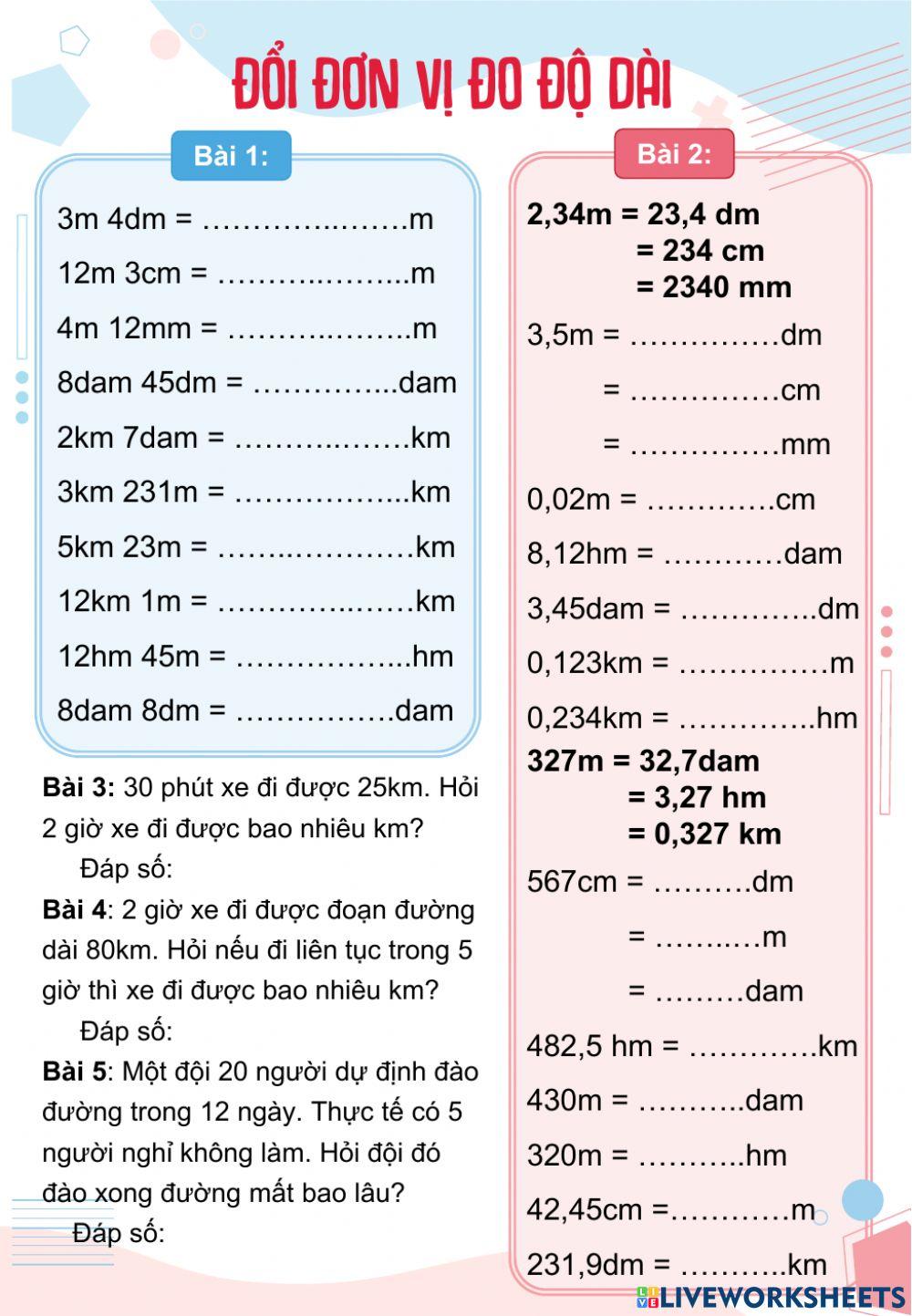 Đổi đơn vị đo độ dài