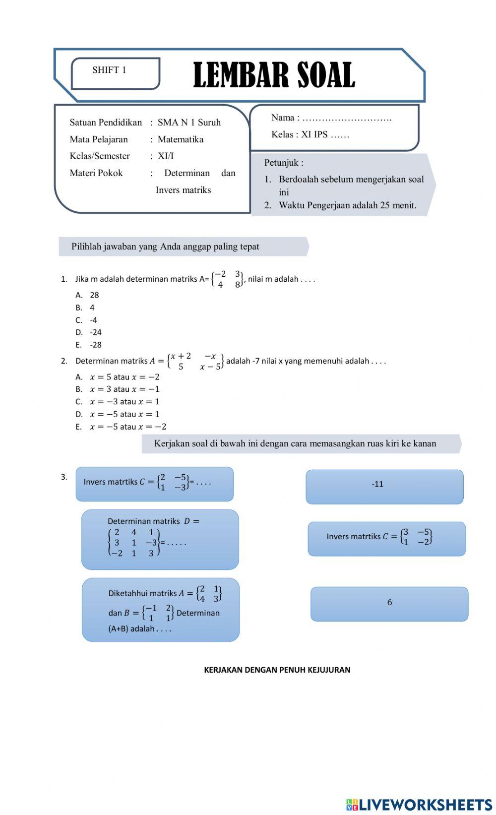 Determinan dan Invers Matriks