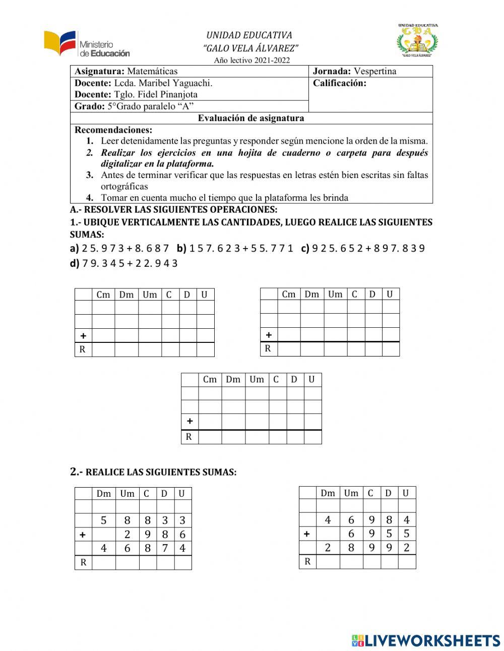 Suma y Resta de números de 6 cifras y su descomposición según su valor posicional