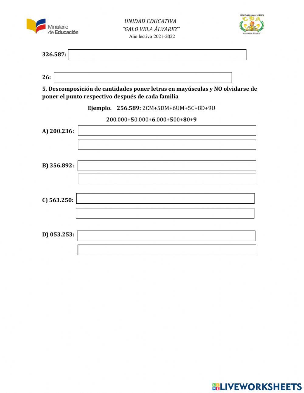 Suma y Resta de números de 6 cifras y su descomposición según su valor posicional