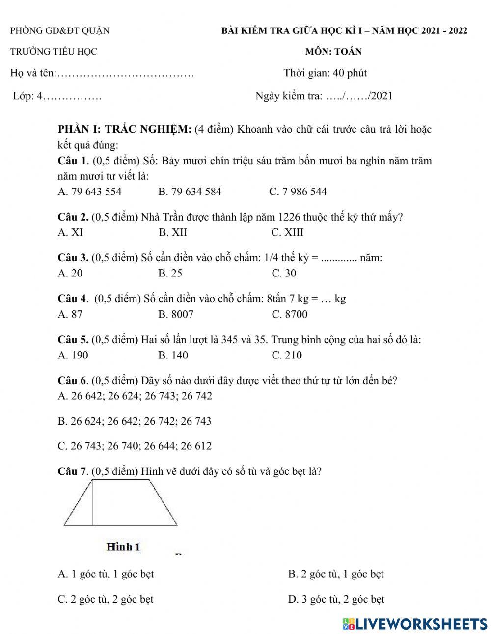 Đề KT thử Toán4 GK1 lần 3