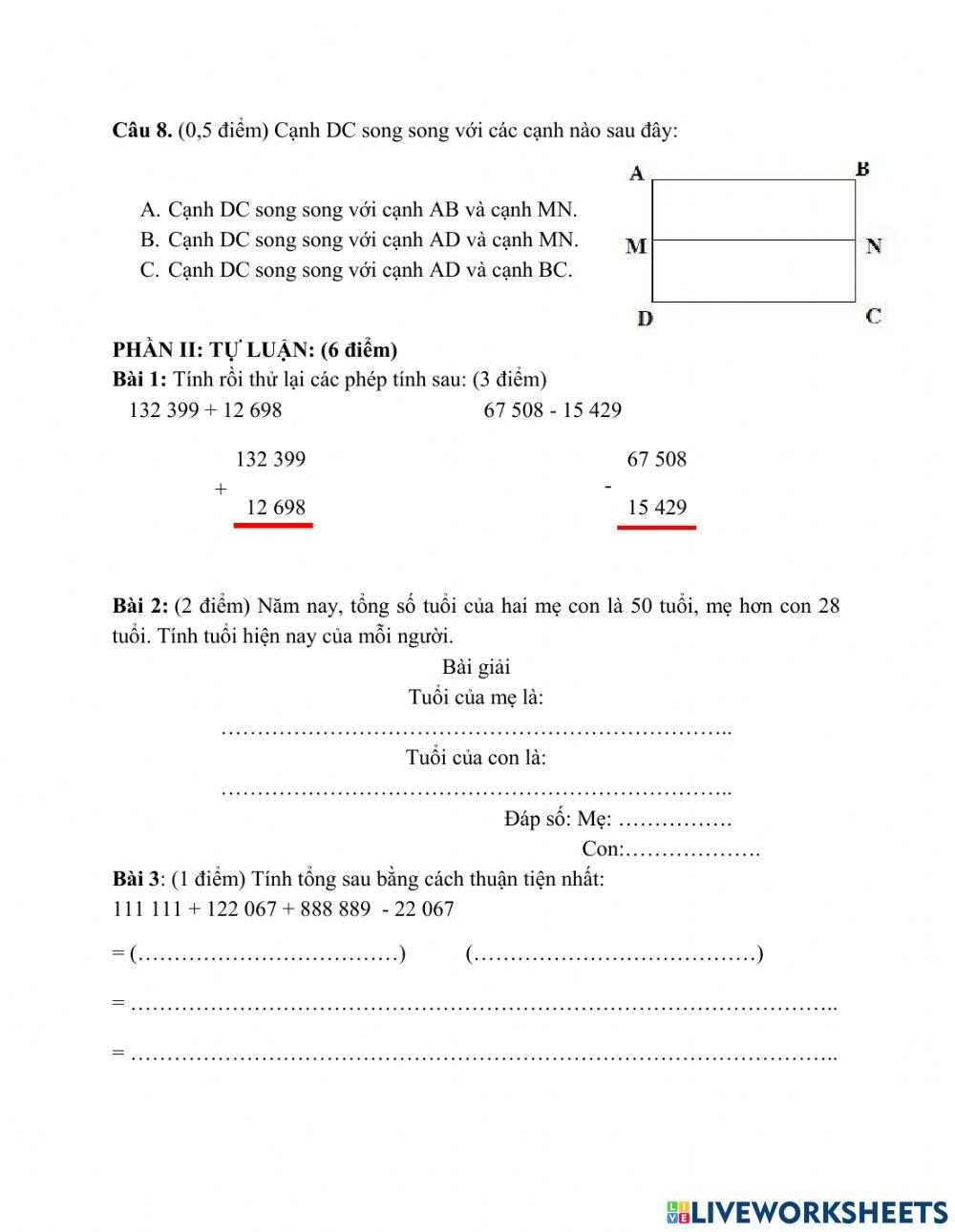 Đề KT thử Toán4 GK1 lần 3
