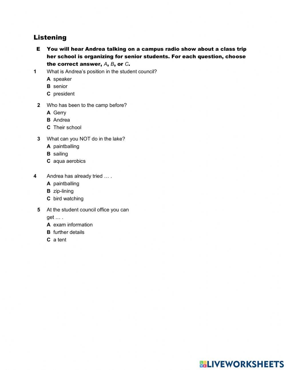 Listening online exercise for 5 | Live Worksheets