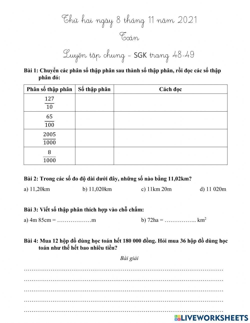 Luyện tập chung SGK trang 48-49