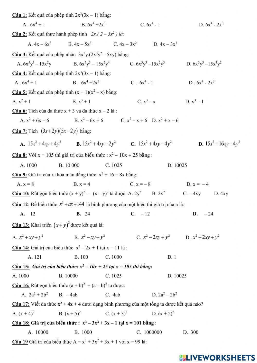 Trắc nghiệm giữa HK1 Toán 8 3