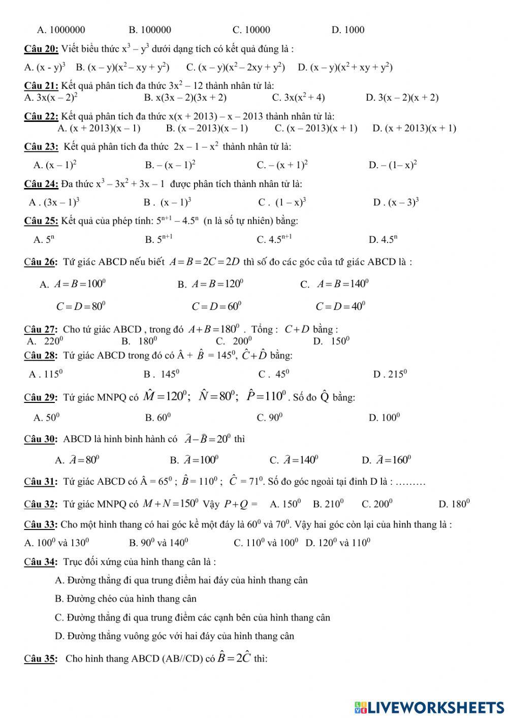 Trắc nghiệm giữa HK1 Toán 8 3