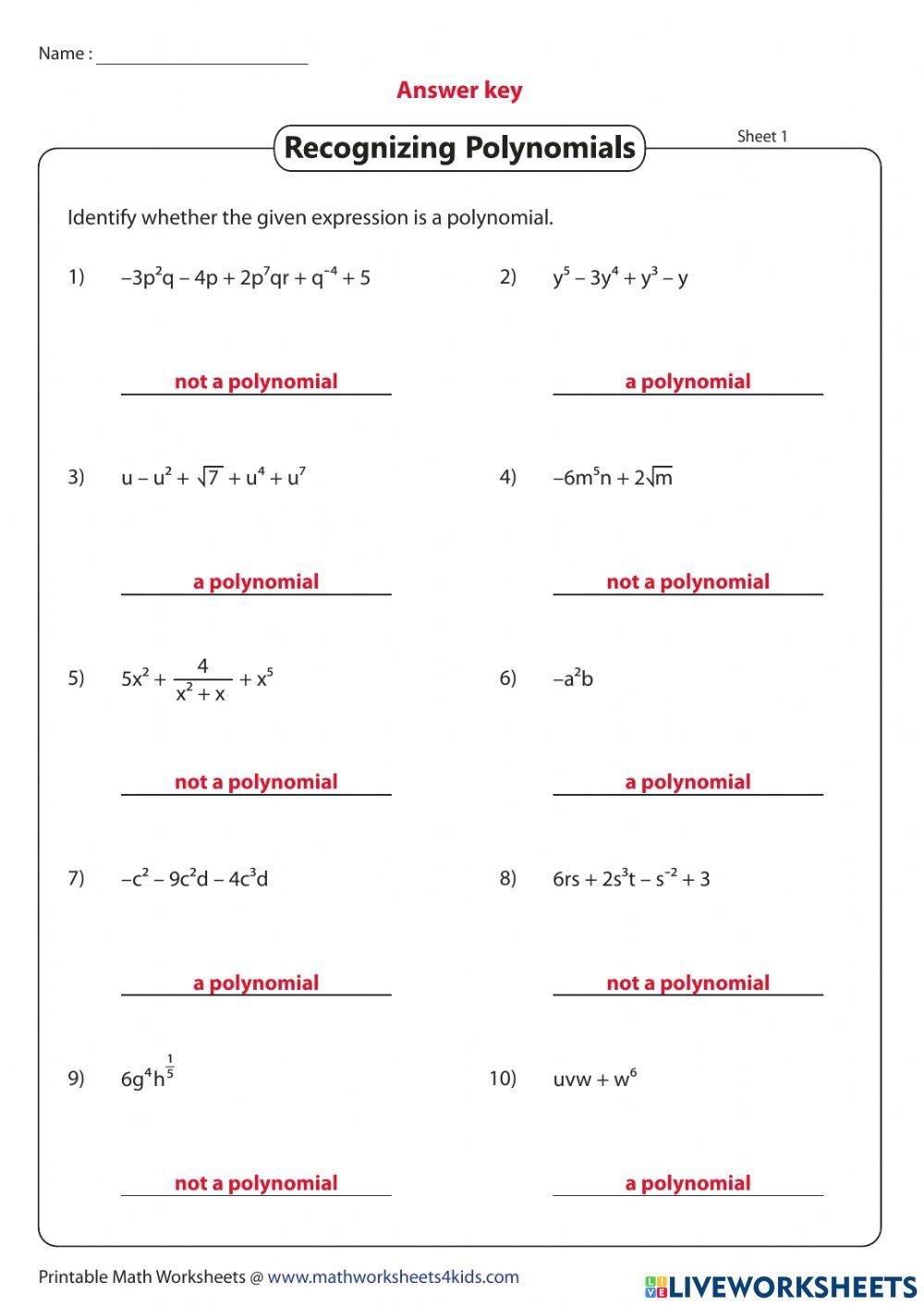 Polynomial Function or Not online exercise for | Live Worksheets