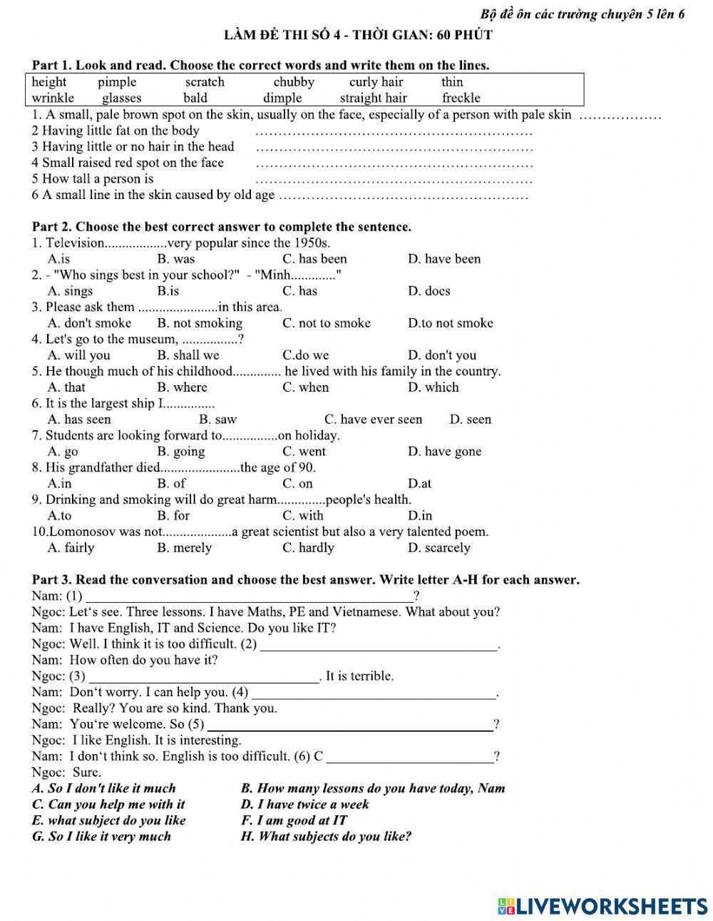 Đề ôn thi vào lớp 6