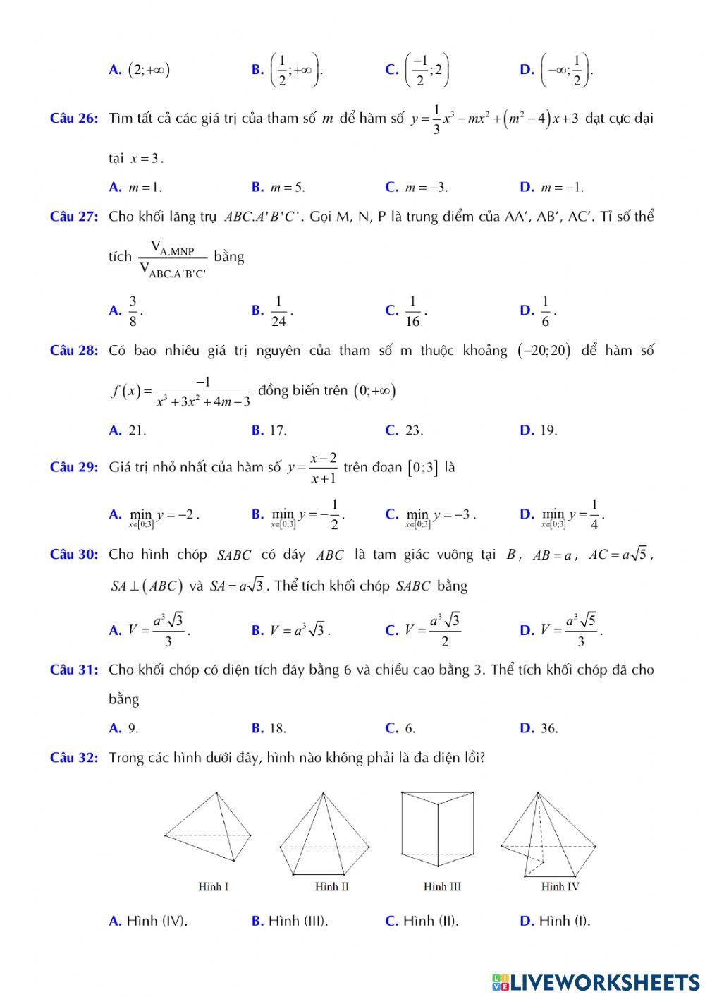 Toán 12 - Kiểm tra GK1 - Đề số 06