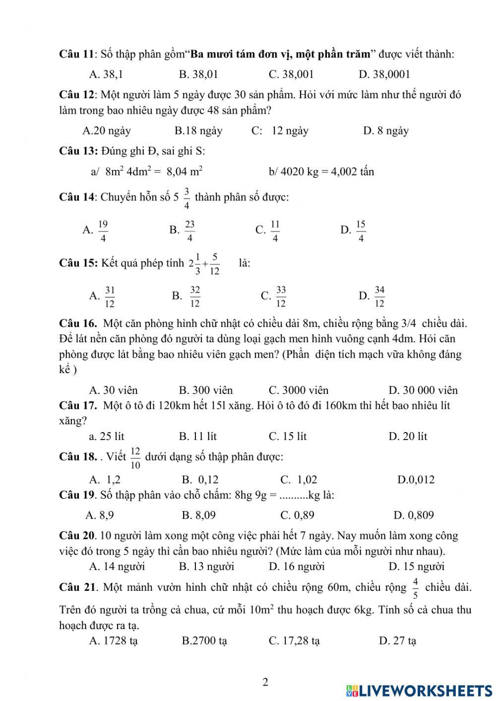 Kiểm tra Toán giữa kì 1 - Đề 3