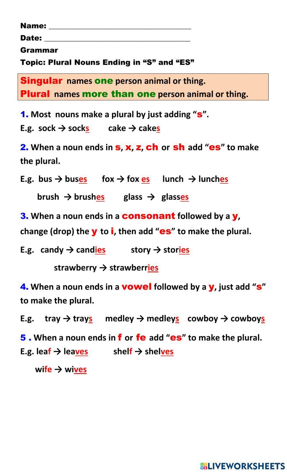Plurals- Adding -S- and -ES- Rules Notes