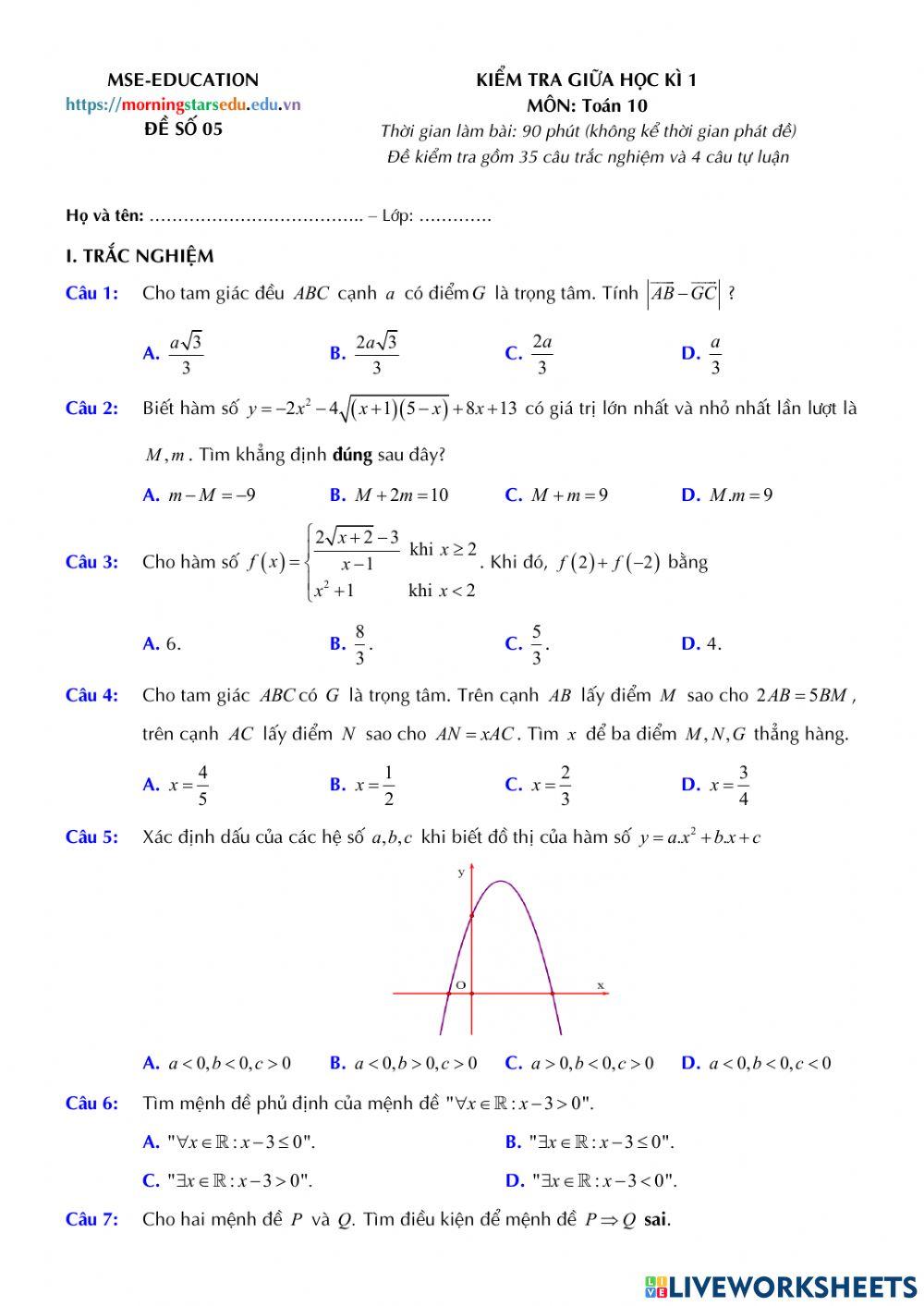 Toán 10 - Kiểm tra GK1 - Đề số 05