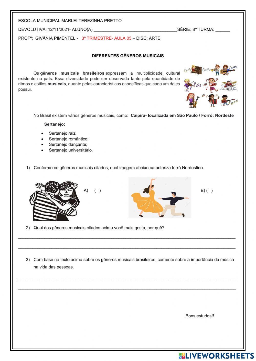 Atividade de Arte- 8 ano-  Diferentes Gêneros Musicais
