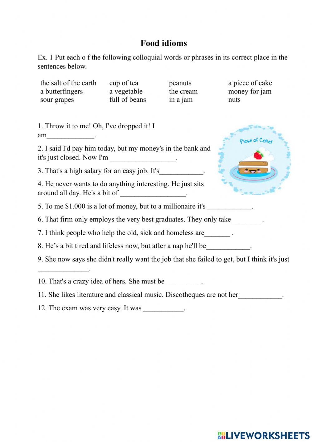 Personality idioms with food worksheet | Live Worksheets