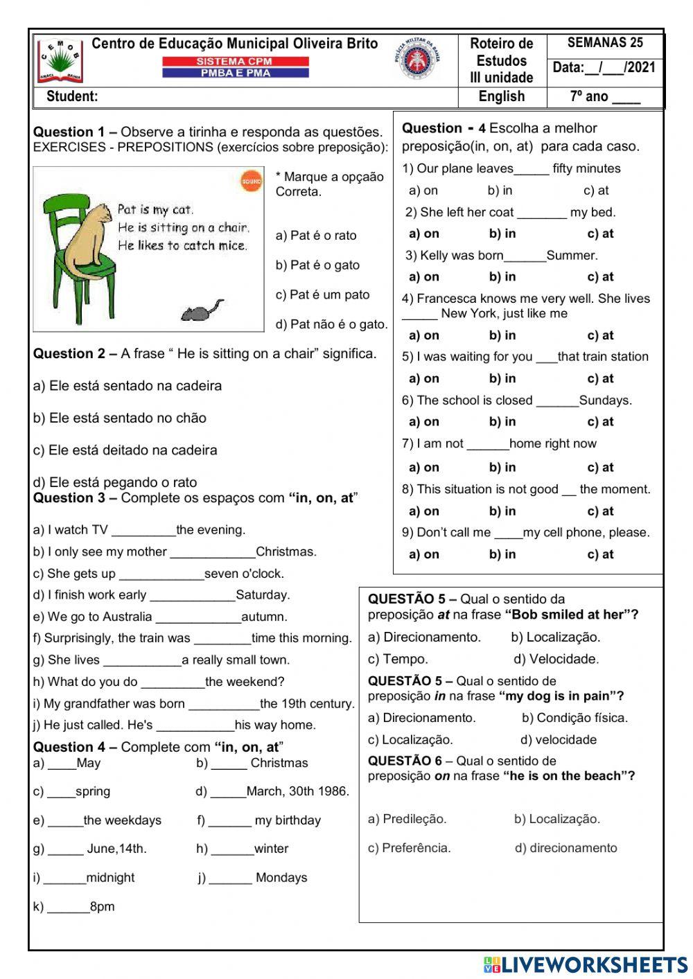 Prepositions of place and time
