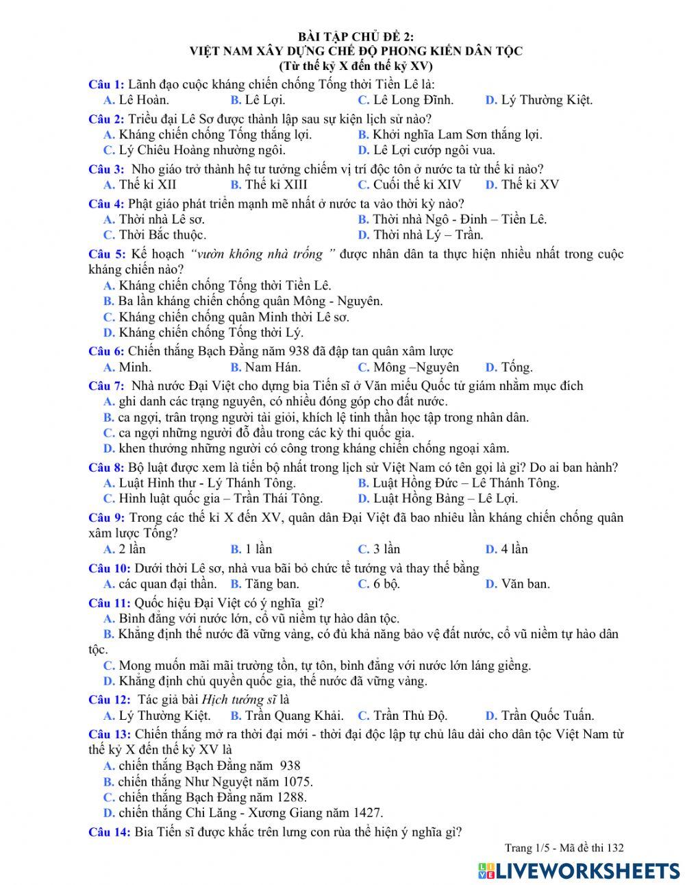 BÀI TẬP CHỦ ĐỀ 2 online exercise for | Live Worksheets