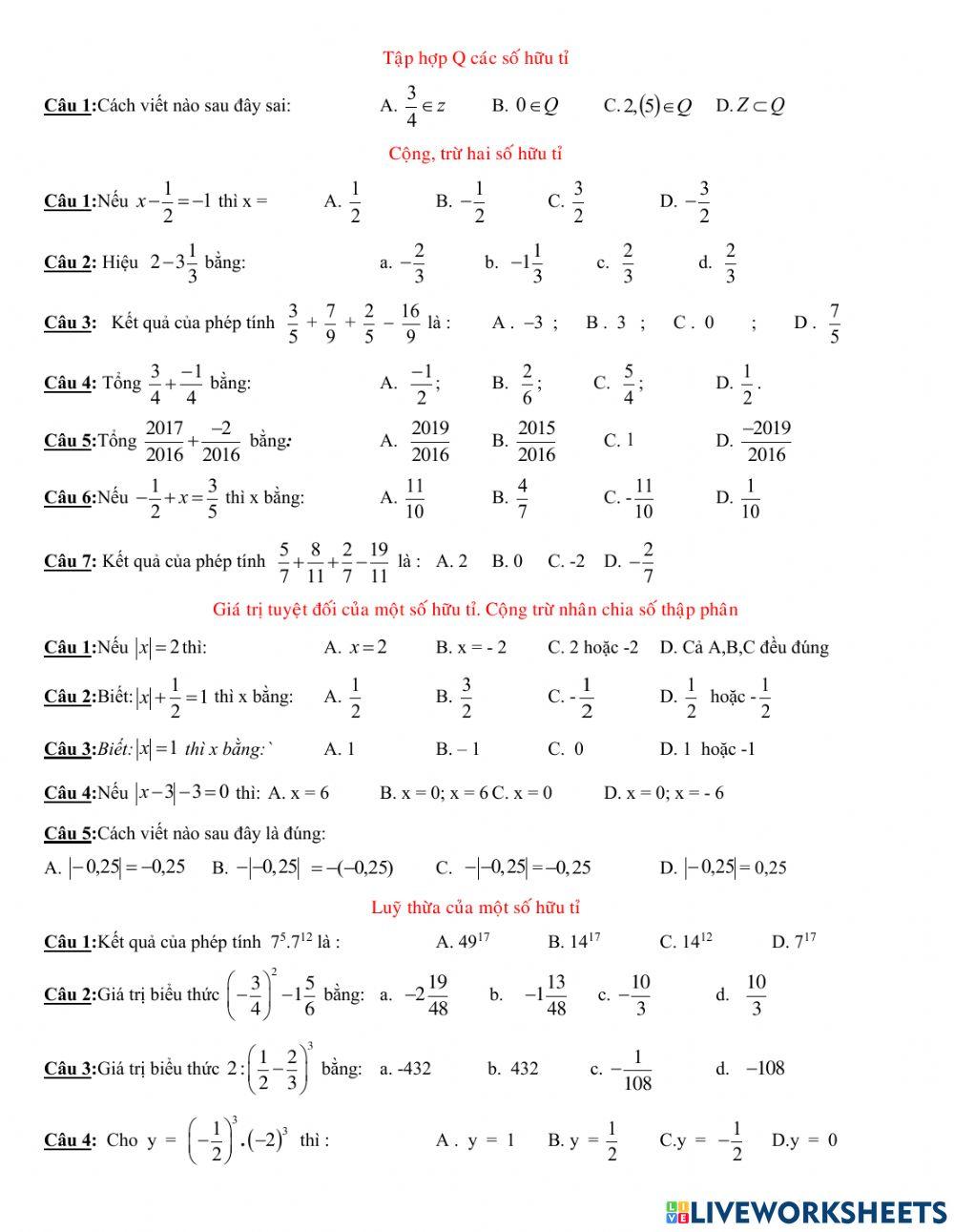 Trắc nghiệm giữa HK1 Toán 7  1