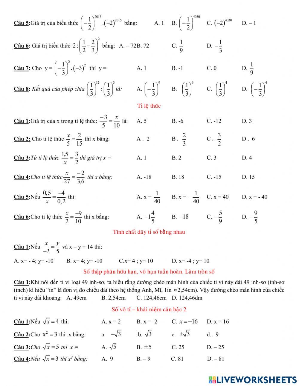 Trắc nghiệm giữa HK1 Toán 7  1