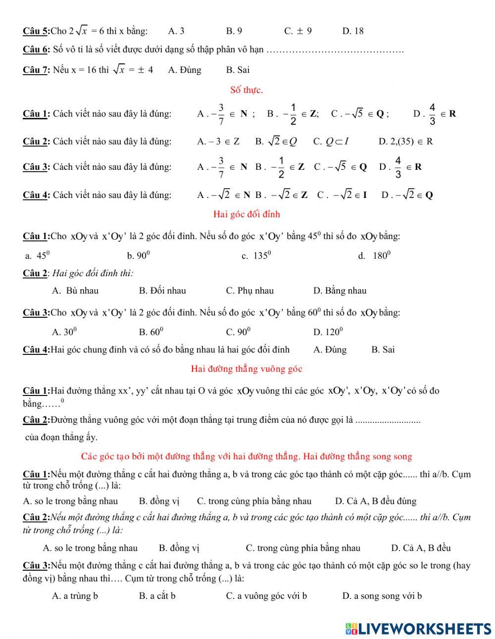 Trắc nghiệm giữa HK1 Toán 7  1