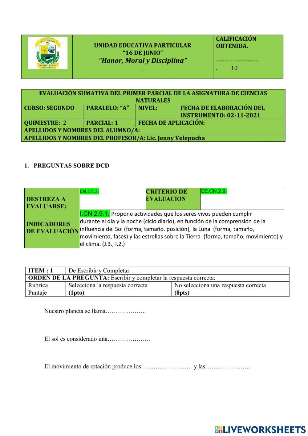EVALUACIÓN CIENCIAS NATURALES PRIMER PARCIAL SEGUNDO QUIMESTRE 2DO-A--2021